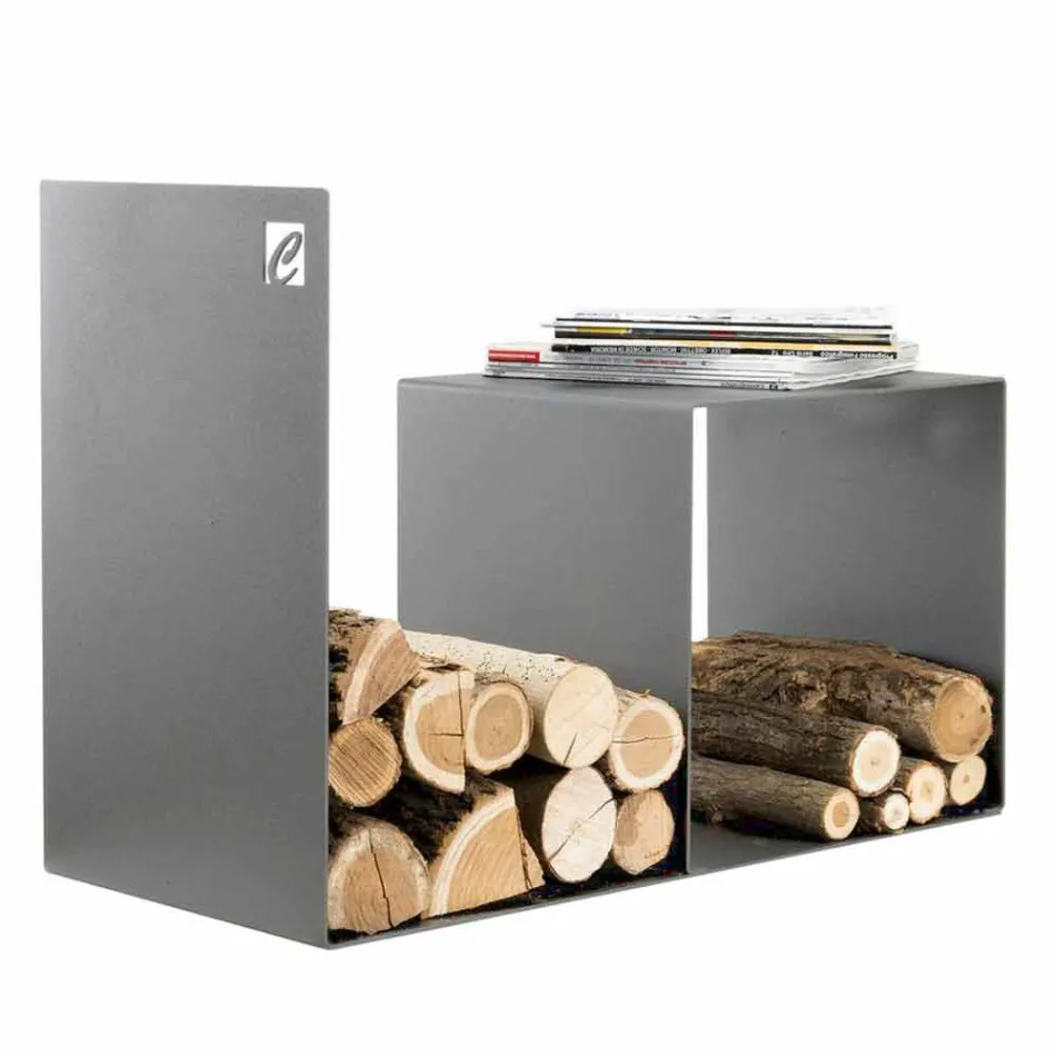 Indoor Wood Holder in Colored Steel with Coffee Table Made in Italy - Cecio Viadurini