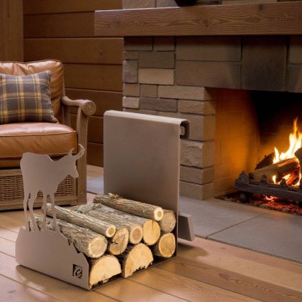 Indoor Firewood Holder in Brown Steel Made in Italy with Tools - Volturno Viadurini