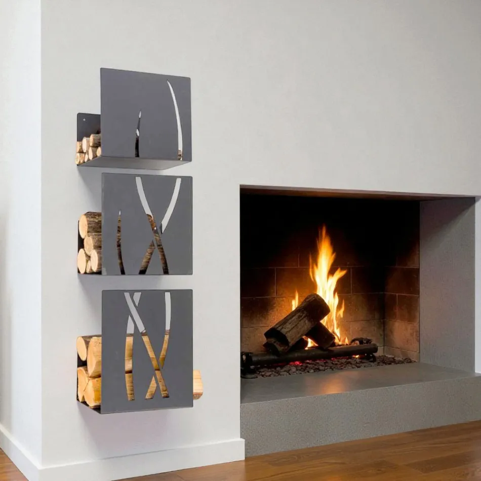 Modern Design Wall Firewood Holder in Black Steel 3 Pieces - Garigliano Viadurini
