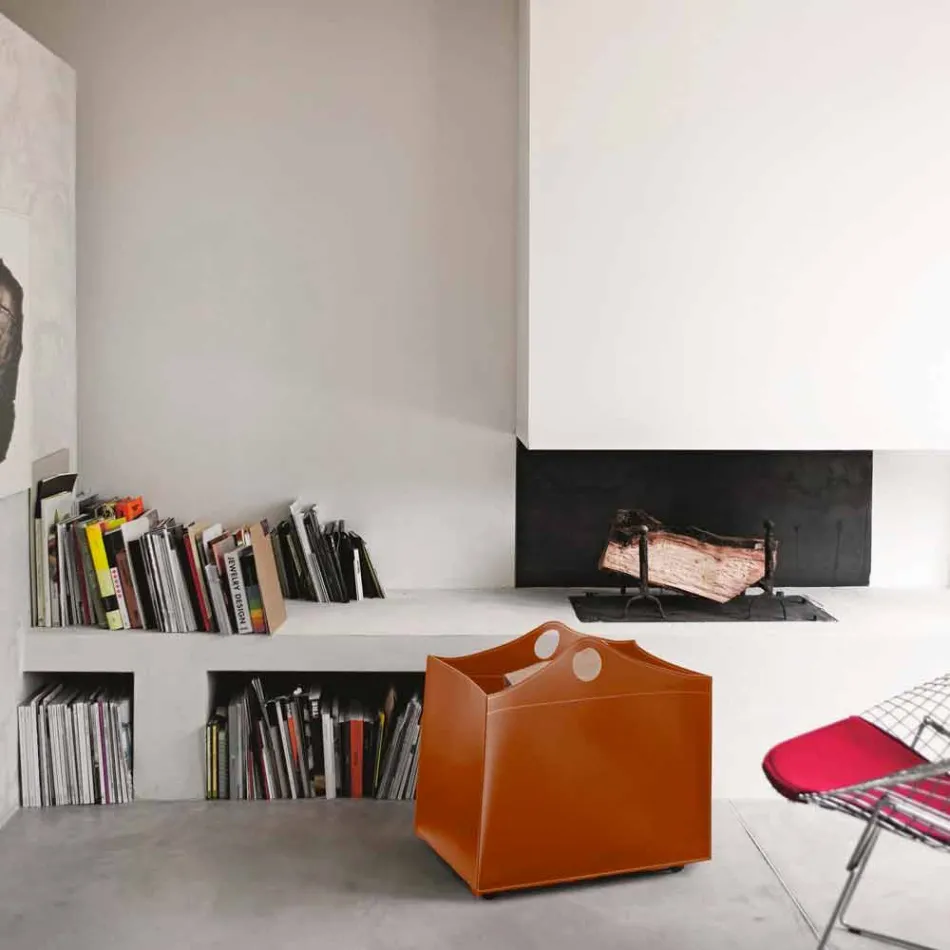 Log holder in regenerated leather with WoodBag wheels made in Italy Viadurini