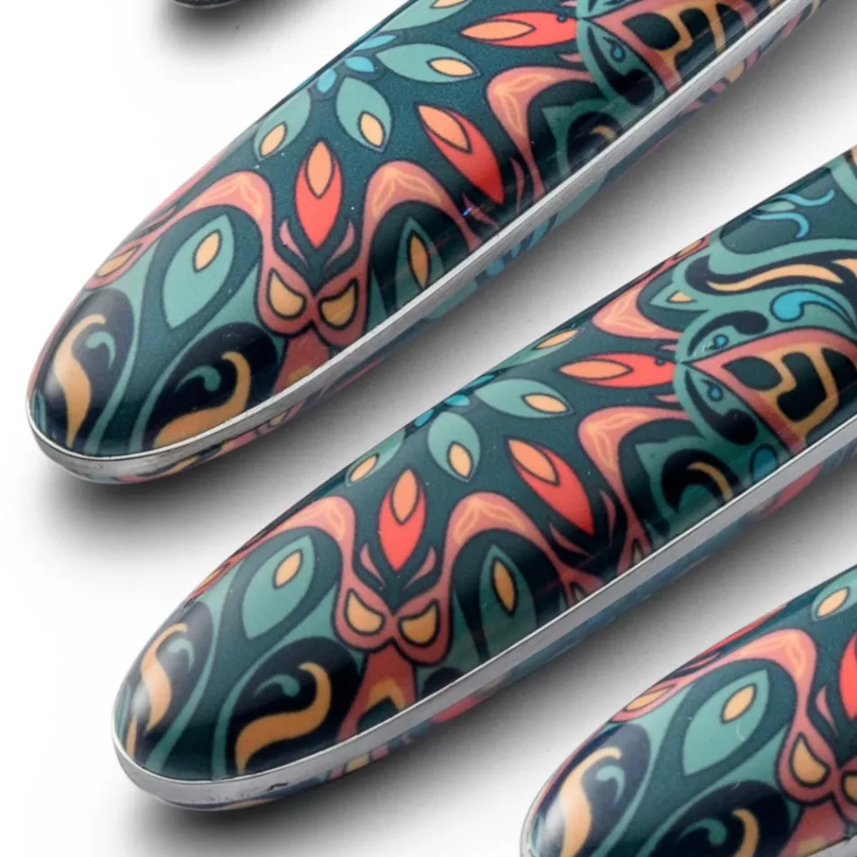 Steel and Plastic Cutlery Colored Floral Decor 24 Pcs - Alessandra Viadurini