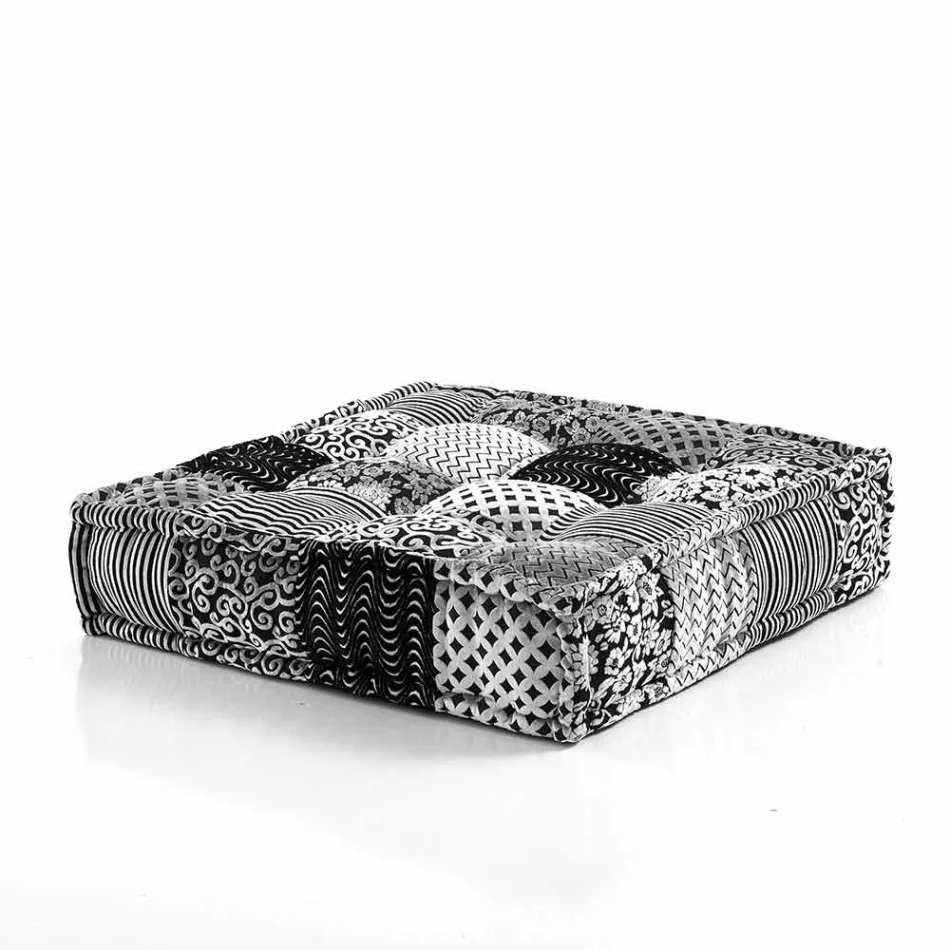 Ethnic Square Pouf in Patchwork Fabric or Velvet - Fiber Viadurini