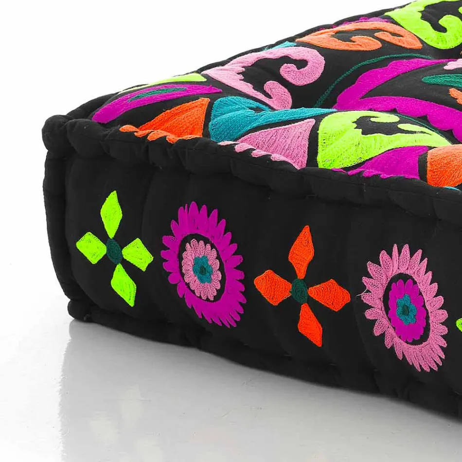 Ethnic Square Pouf in Patchwork Fabric or Velvet - Fiber Viadurini