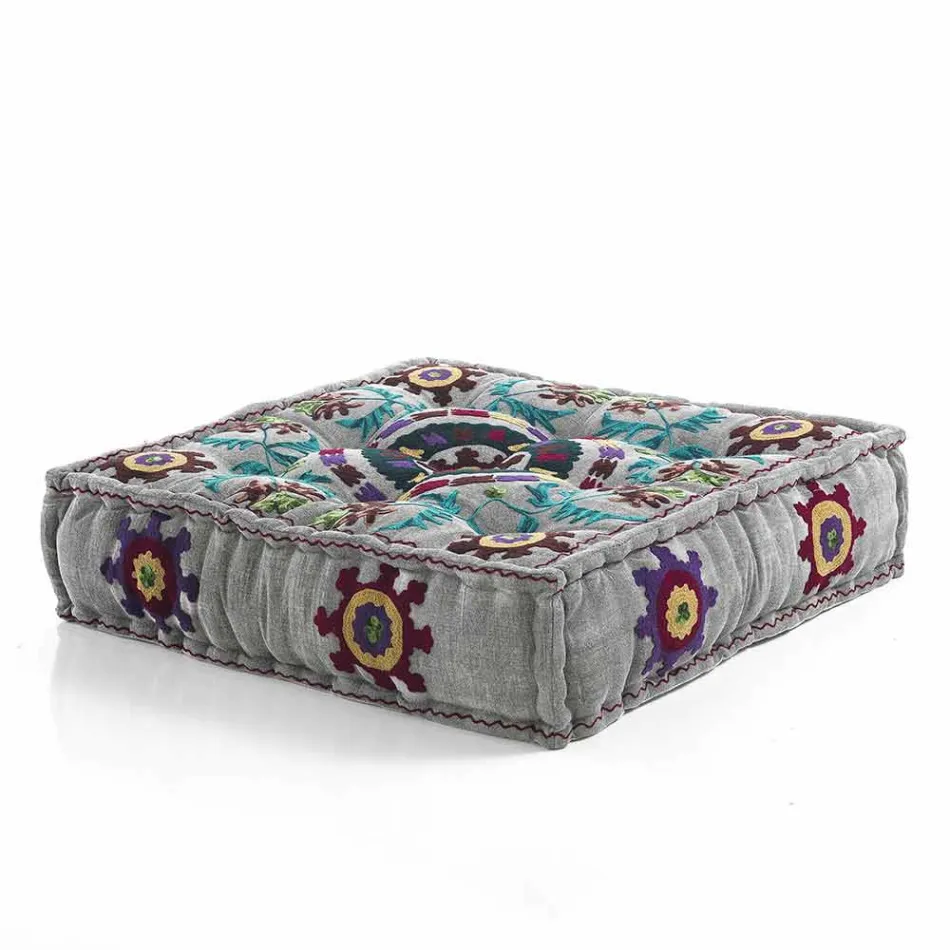 Ethnic Square Pouf in Patchwork Fabric or Velvet - Fiber Viadurini