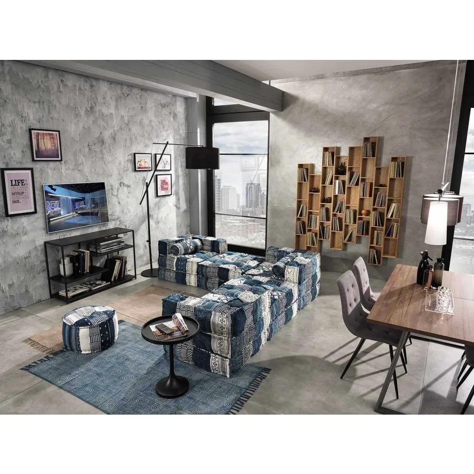 Ethnic Square Pouf in Patchwork Fabric or Velvet - Fiber Viadurini