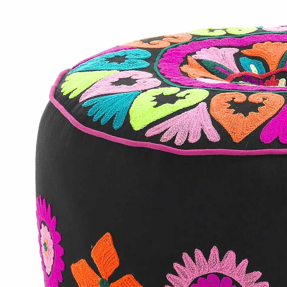Round Pouf of Ethnic Design in Patchwork Fabric or Velvet - Fiber Viadurini