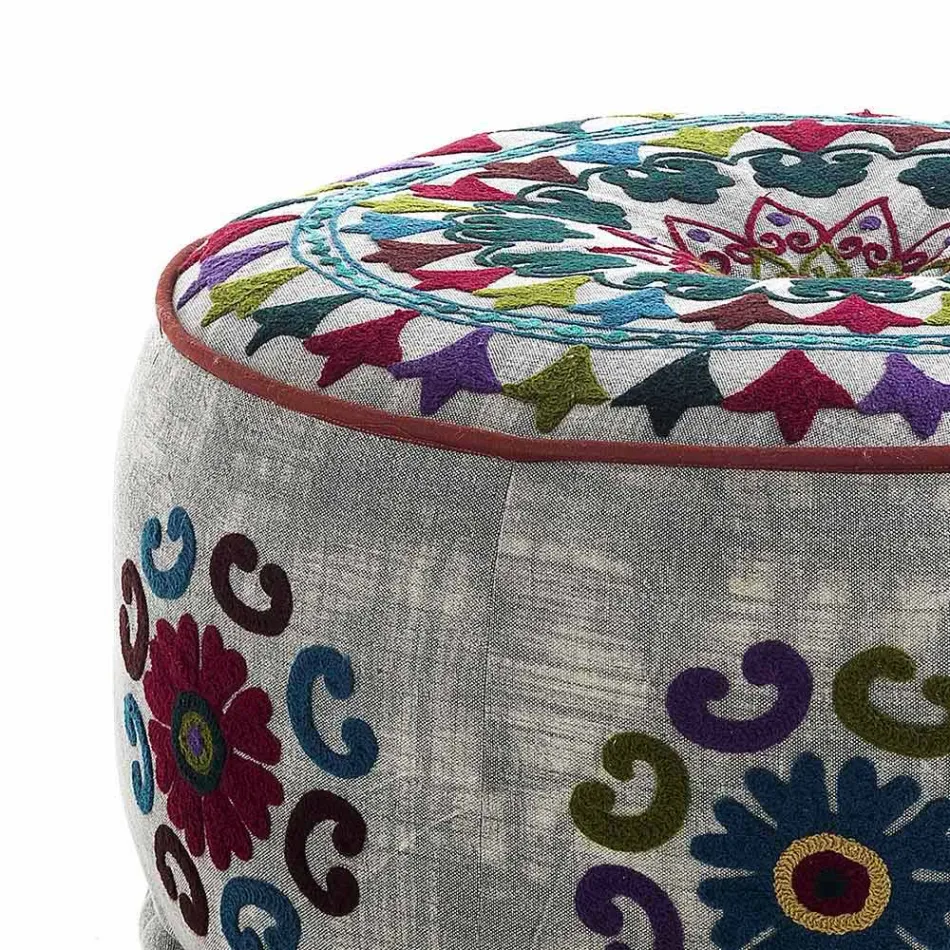 Round Pouf of Ethnic Design in Patchwork Fabric or Velvet - Fiber Viadurini