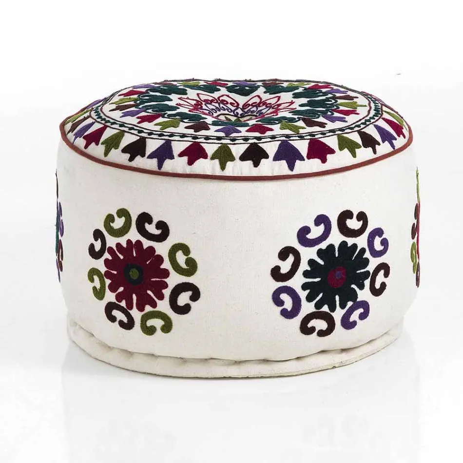 Round Pouf of Ethnic Design in Patchwork Fabric or Velvet - Fiber Viadurini
