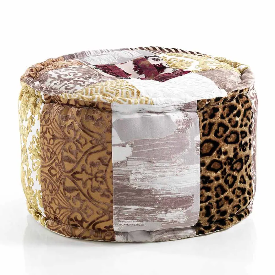 Round Pouf of Ethnic Design in Patchwork Fabric or Velvet - Fiber Viadurini