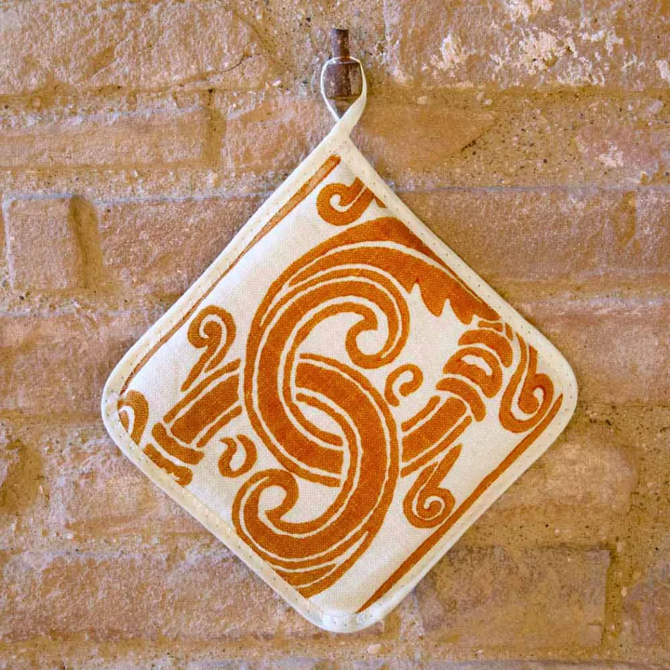 Potholders of Italian Art in Pure Linen with Hand Print Single Piece - Brands Viadurini