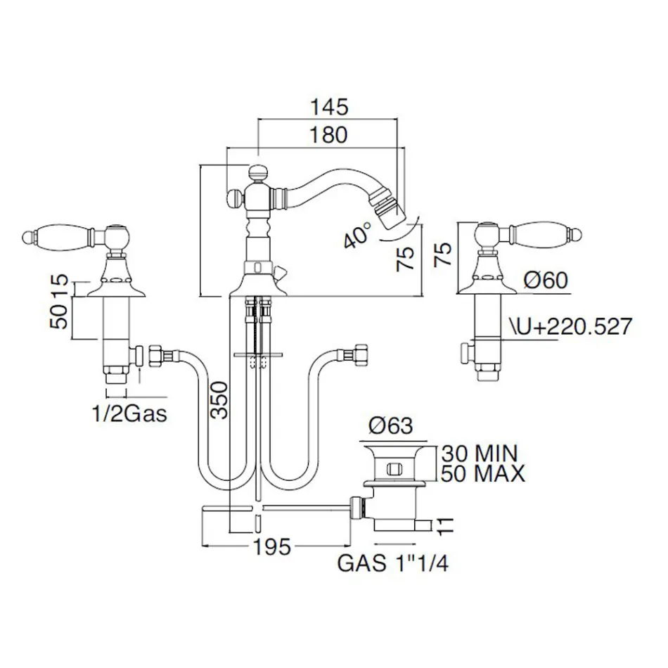 Classic 3 Hole Bidet Tap with Brass Levers Made in Italy - Noriana Viadurini