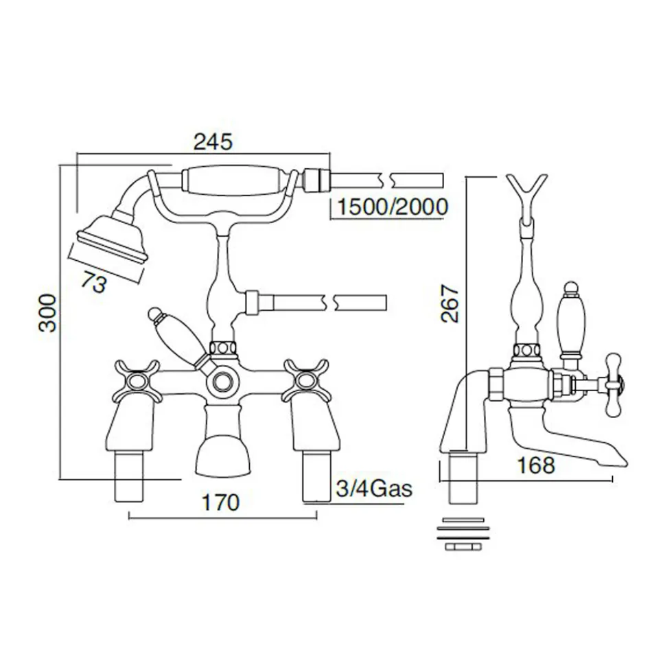 Brass Bathtub Edge Faucet with Luxury Classic Style Hand Shower - Fioretta Viadurini