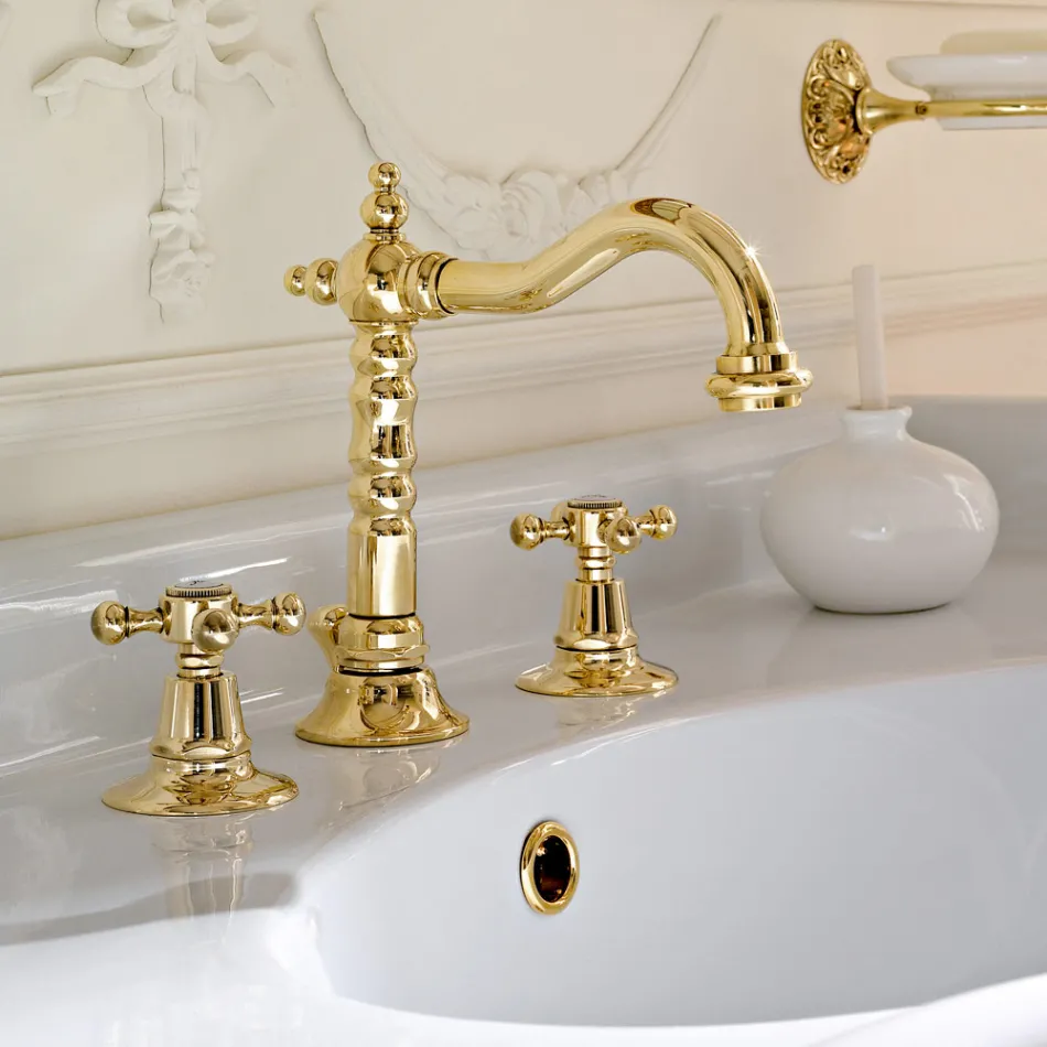 Vintage Design 3 Hole Basin Tap in Brass Made in Italy - Ursula Viadurini