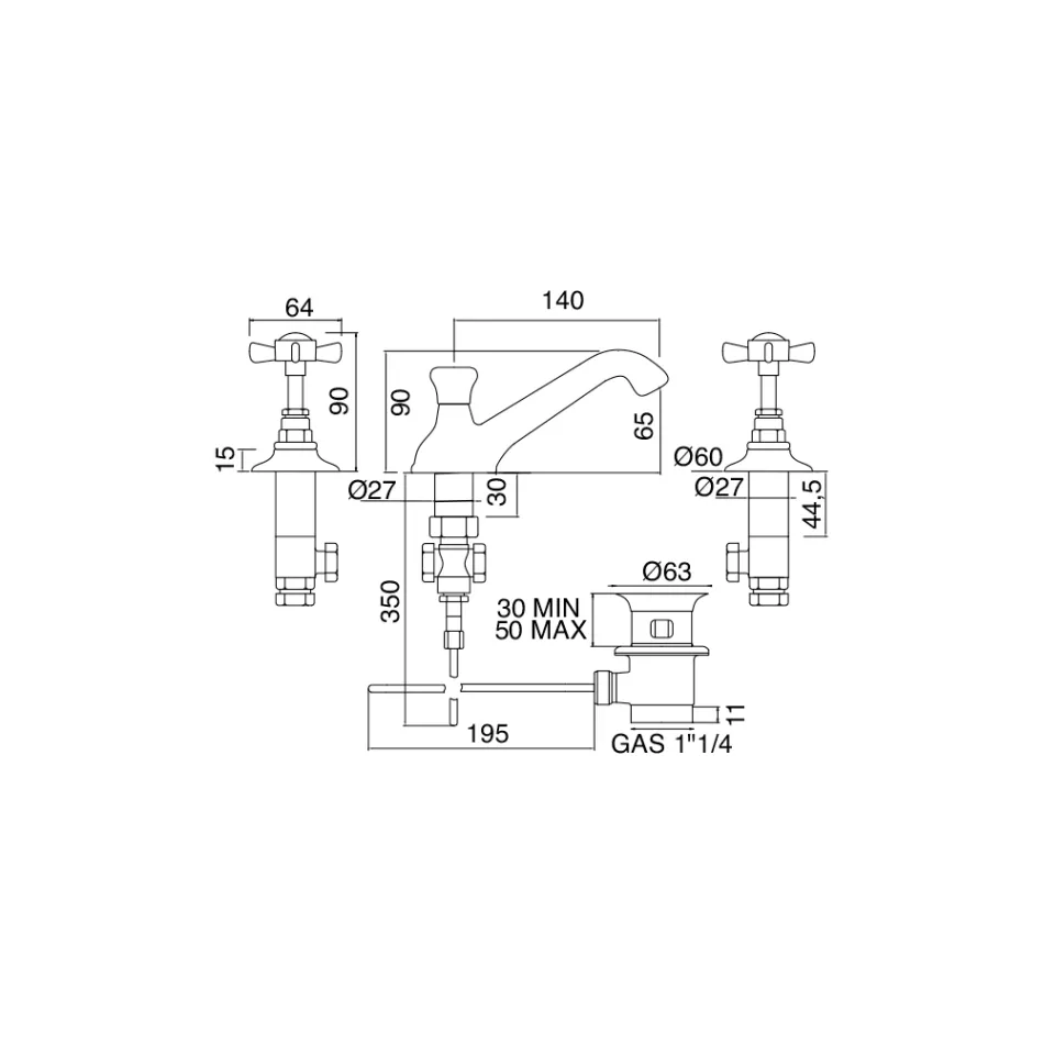 3 Hole Brass Sink Tap, Vintage Style, Made in Italy – Katerina Viadurini