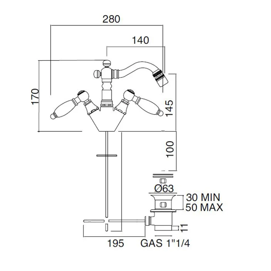 Classic Single Hole Bidet Tap with Handcrafted Brass Levers - Noriana Viadurini