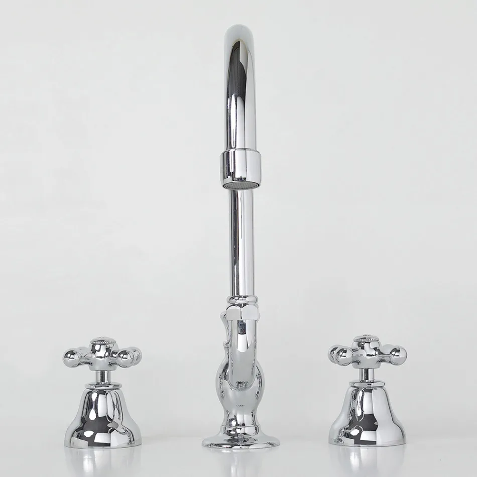 3 Hole Bathroom Sink Tap in Brass with High Spout and Drain - Ercolina Viadurini