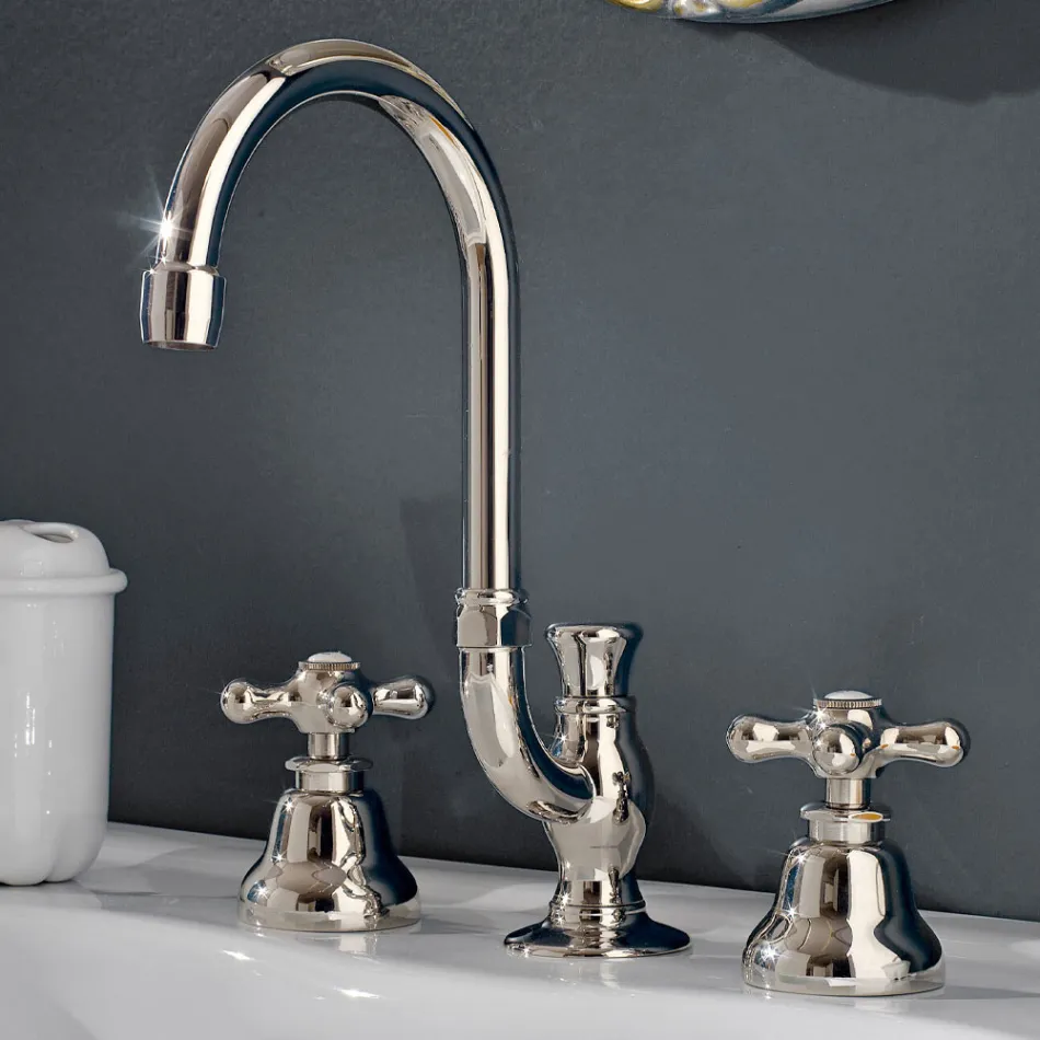 3 Hole Bathroom Sink Tap in Brass with High Spout and Drain - Ercolina Viadurini