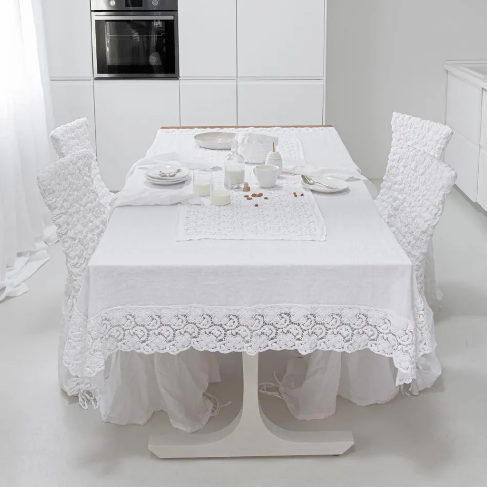 White Runner in Crochet Lace Embroidery and Cotton Blend Border - Giangi Viadurini