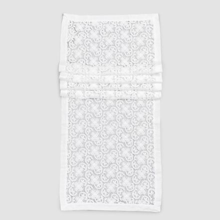 White Runner in Crochet Lace Embroidery and Cotton Blend Border - Giangi Viadurini
