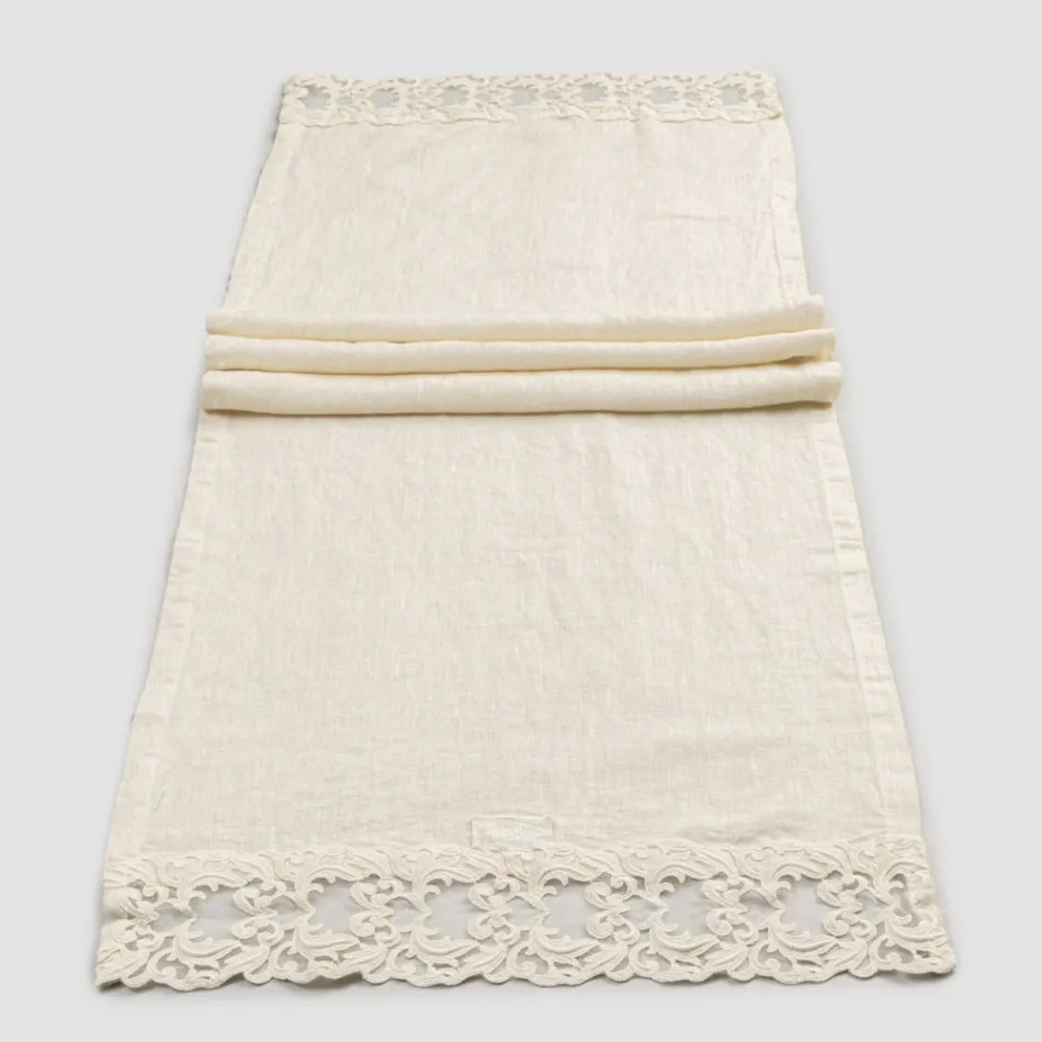 Linen Table Runner with Lace, Luxury Design in 2 Colors - Farnese Viadurini