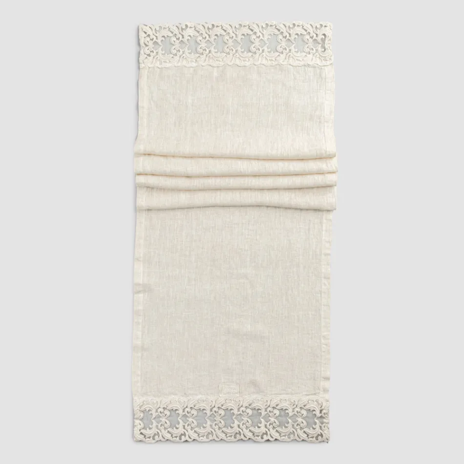 Linen Table Runner with Lace, Luxury Design in 2 Colors - Farnese Viadurini