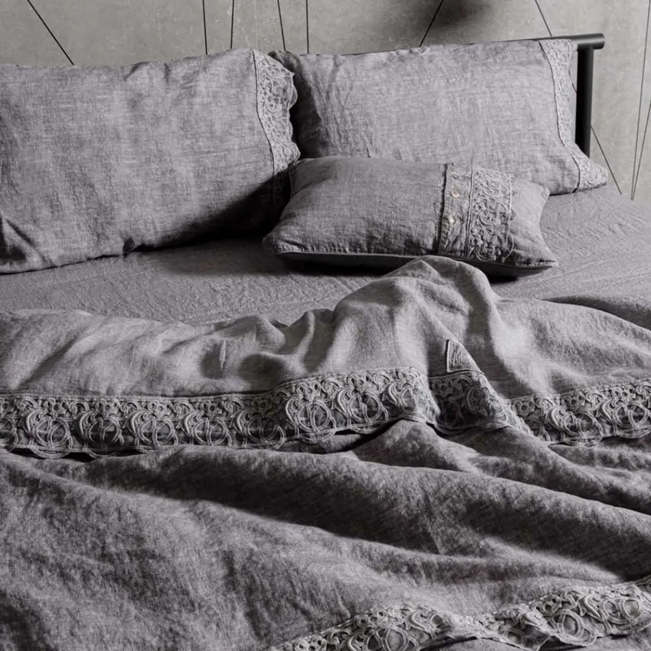 Linen Duvet Cover Storage Bag with Sinergia Lace and Buttons - Energis Viadurini