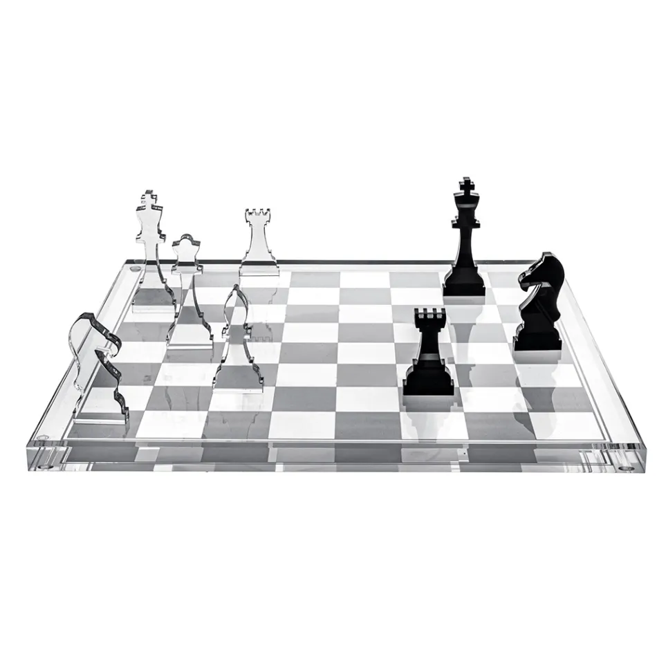 Designer Plexiglass Chessboard and Checkers Set with Drawer Made in Italy - Elora Viadurini