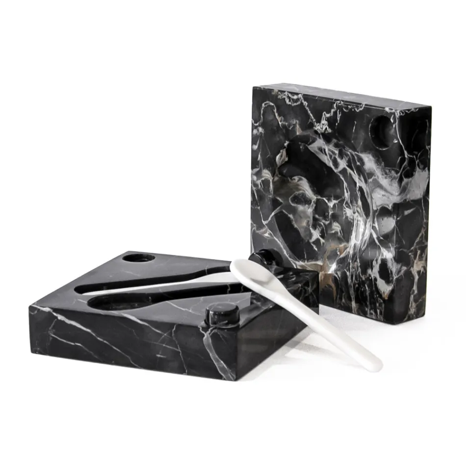 Caviar Box with Spoons in Carrara Marble Portoro - Jerry Viadurini