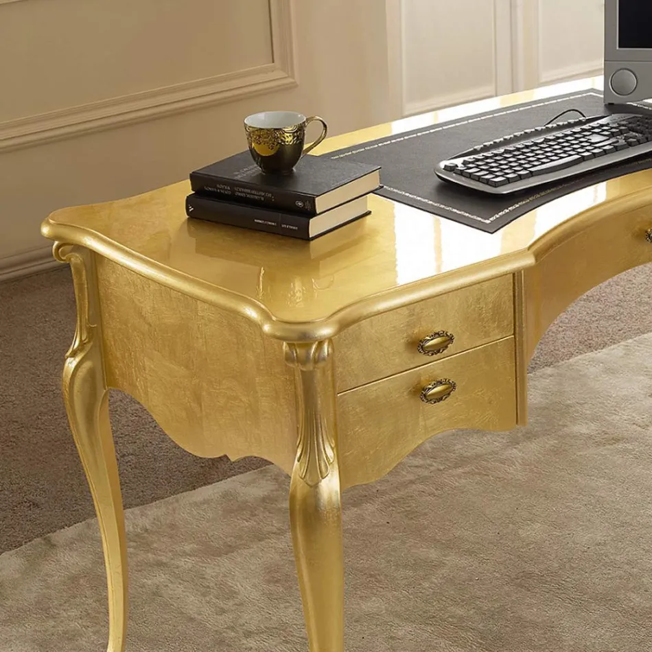 Classic Desk 5 Drawers in Wood and Ecoleather Made in Italy - Commodo Viadurini