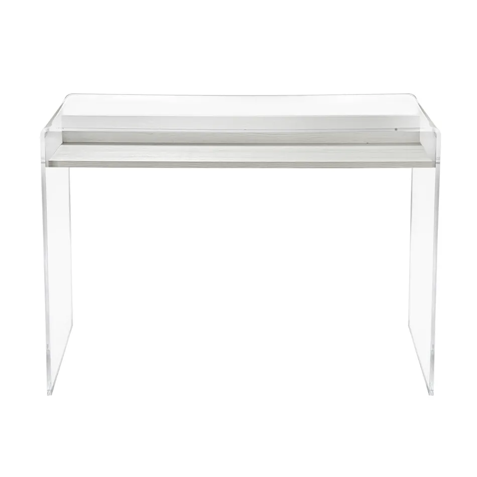 Transparent Plexiglass Desk with Design Wood Shelf - Carducci Viadurini