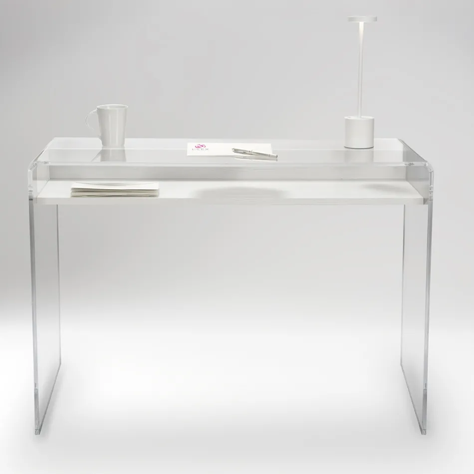 Transparent Plexiglass Desk with Design Wood Shelf - Carducci Viadurini