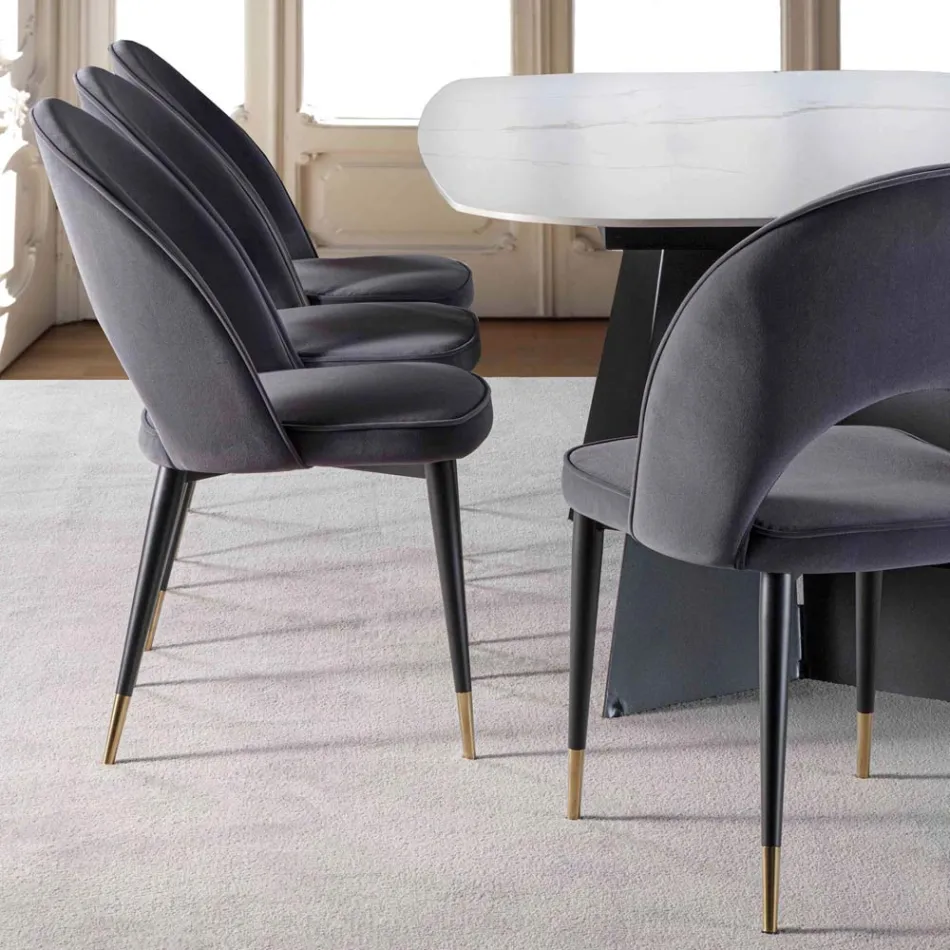 Velvet Chair with Black Metal and Satin Brass Legs, 4 Pieces - Sibea Viadurini