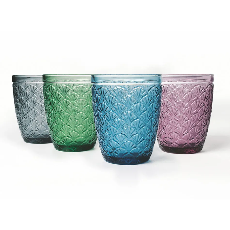 Decorated Colored Glass Water Glasses Service 12 Pieces - Stilotto Viadurini