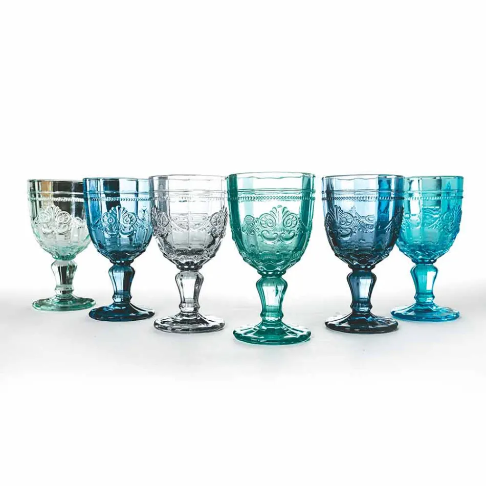 Colored Wine Goblet Set in Glass and Oriental Style Decoration 12 Pieces - Screw Viadurini