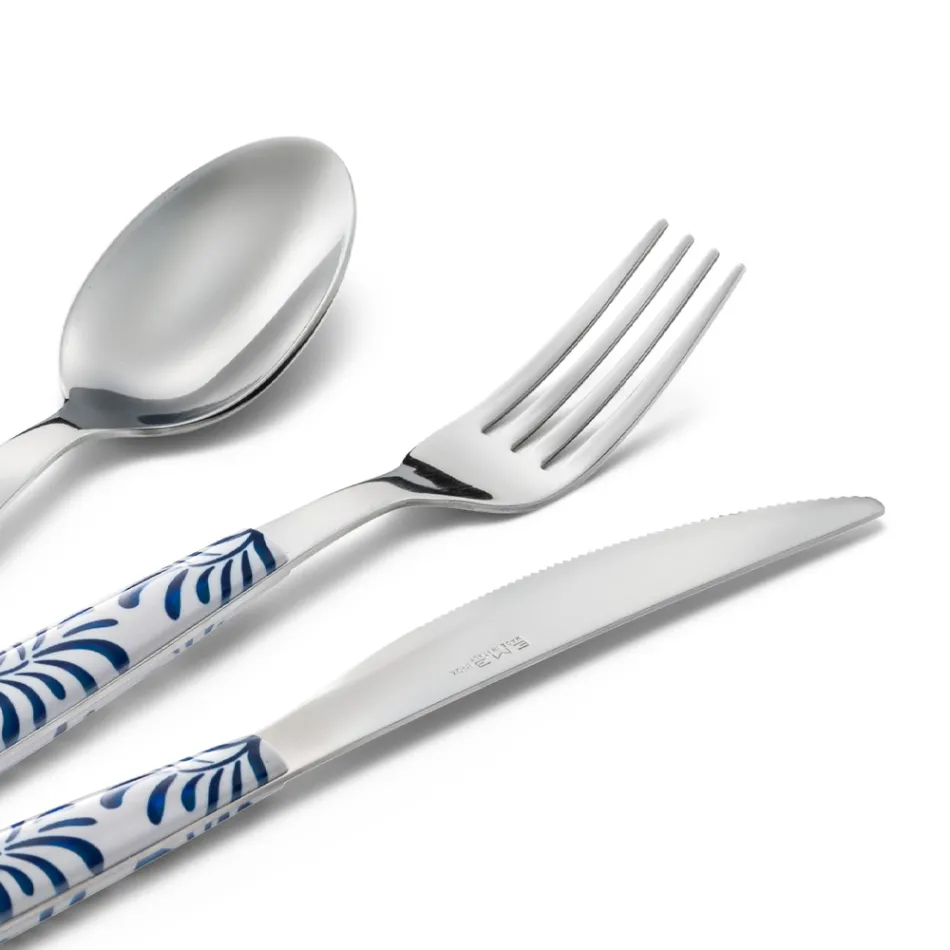Steel and Plastic Cutlery Set Blue or White Decoration 24 Pcs - Alessandra Viadurini