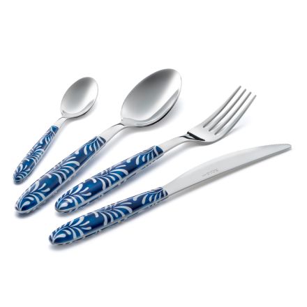 Steel and Plastic Cutlery Set Blue or White Decoration 24 Pcs - Alessandra Viadurini