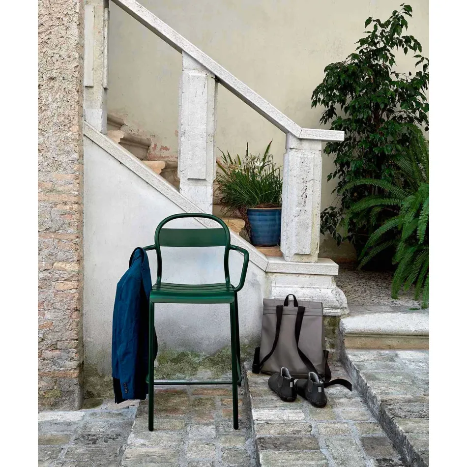 High Outdoor Stool in Aluminum with Armrests Made in Italy - Selima Viadurini