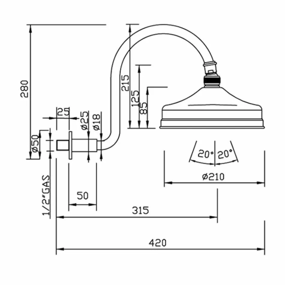 Brass Shower Head with Classic Arch Arm Made in Italy - Bisco Viadurini