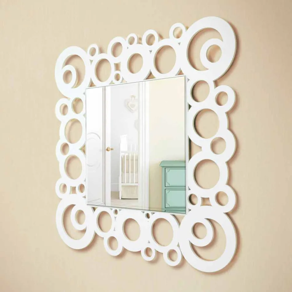 Modern Design White Square Wall Mirror with Wood Decorations - Bubble Viadurini