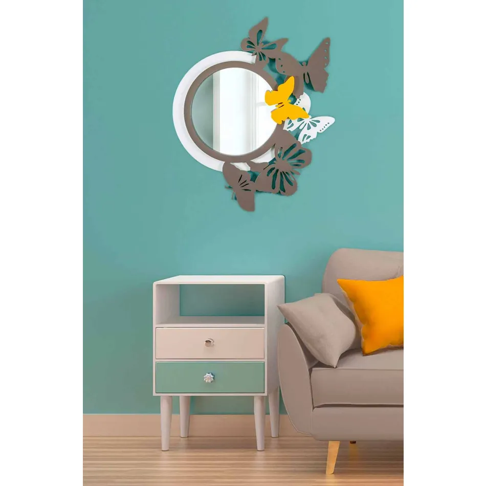 Modern Design Round Mirror in Colored Wood with Butterflies - Beat Viadurini