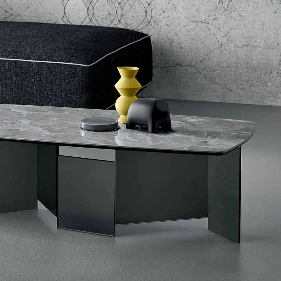 Low Coffee Table Living Room Ceramic Top and Smoked Glass Legs 3 Sizes - Random Viadurini