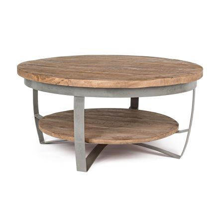 Low Round Living Room Coffee Table in Mango Wood and Steel - Moncheri Viadurini