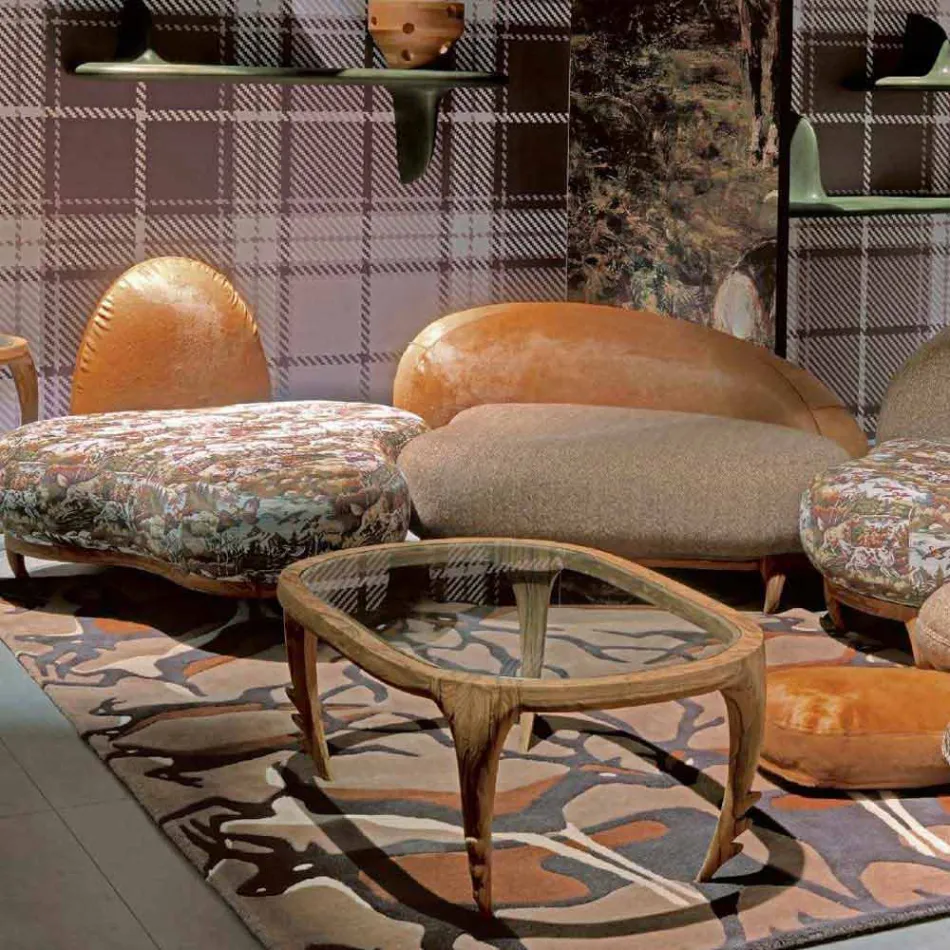 Design cocktail table in wood and leather, l.97xp.68 cm, Cecilia Viadurini