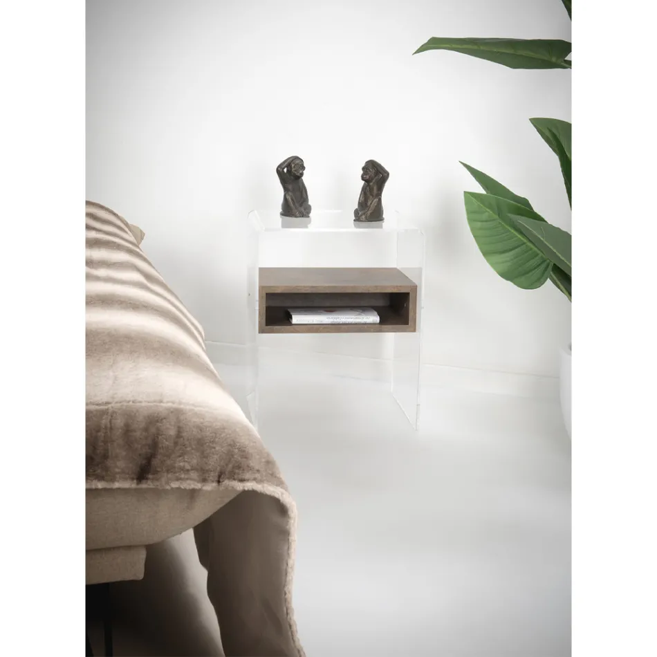 Recyclable Bedside Table in Transparent Plexiglass and Wood - Pascoli Viadurini