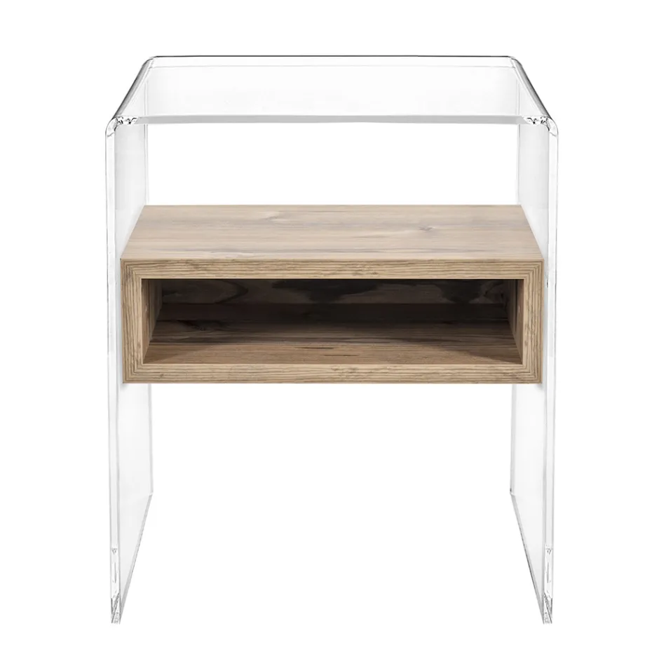 Recyclable Bedside Table in Transparent Plexiglass and Wood - Pascoli Viadurini