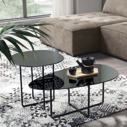 Coffee Table with Metal Base and Mirror and Marble-Effect Ceramic Top - Gisella Viadurini