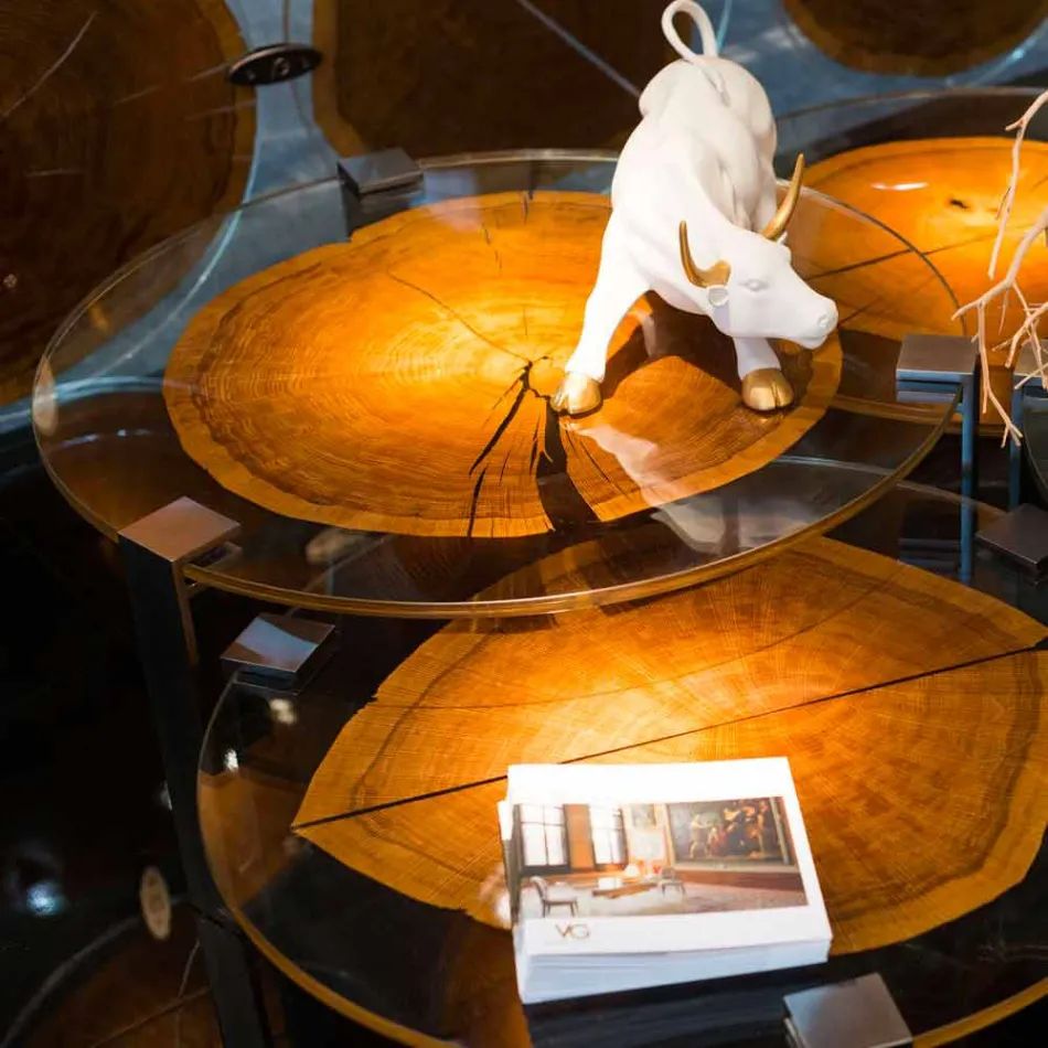 Low design coffee table with glass top and Bigo wood Viadurini