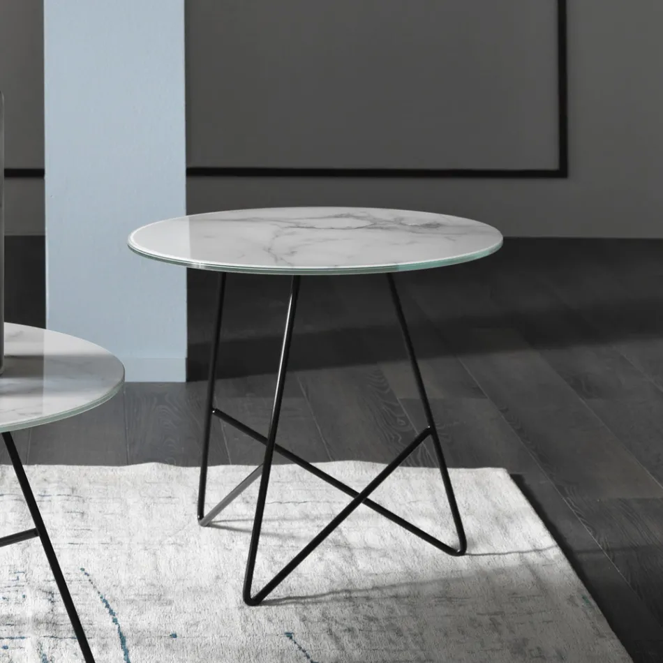 Round Coffee Table in Luxury Marble Effect Metal and Glass - Magali Viadurini