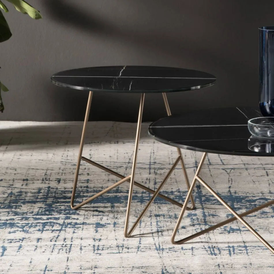 Round Coffee Table in Luxury Marble Effect Metal and Glass - Magali Viadurini