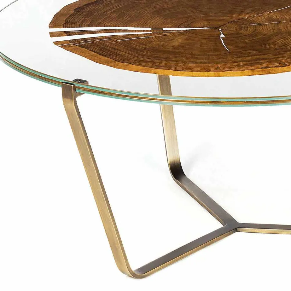 Coffee Table with Round Glass and Wood Top Made in Italy - Baviera Viadurini